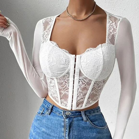 Asymmetrical Hem Crop Bustier Lace Top - Picture 2 of 7